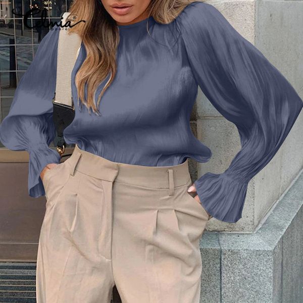 

blouses celmia women 2021 fashion lace-up flare sleeve blouses glossy streetwear casual round neck elegant pleated solid blusas 5xl, White