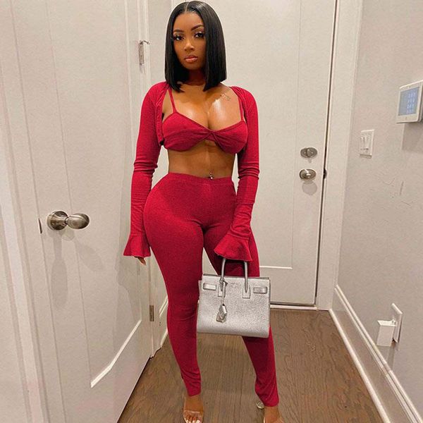 

women's two piece pants 3 set women club wear birthday outfits flare sleeve cardigan bra + sets rave festival matching co ord, White
