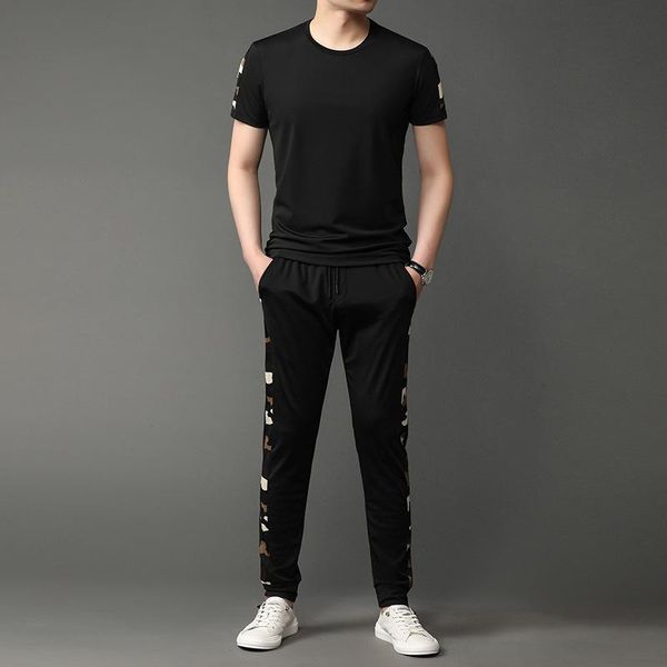 

men's tracksuits summer short sleeve suit round neck trousers casual black thin sports running hip hop wear, Gray