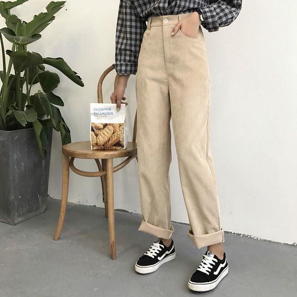 

women's pants & capris women loose solid corduroy 2021 trousers korean style leisure all-match simple trendy high waist pockets womens, Black;white