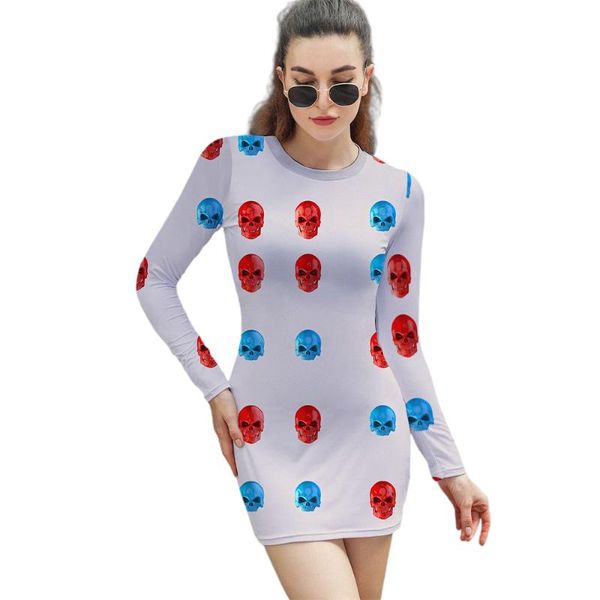 

casual dresses fashion ladies dress long sleeve slim 3d color skull violent aesthetics spring and autumn short skirt, Black;gray