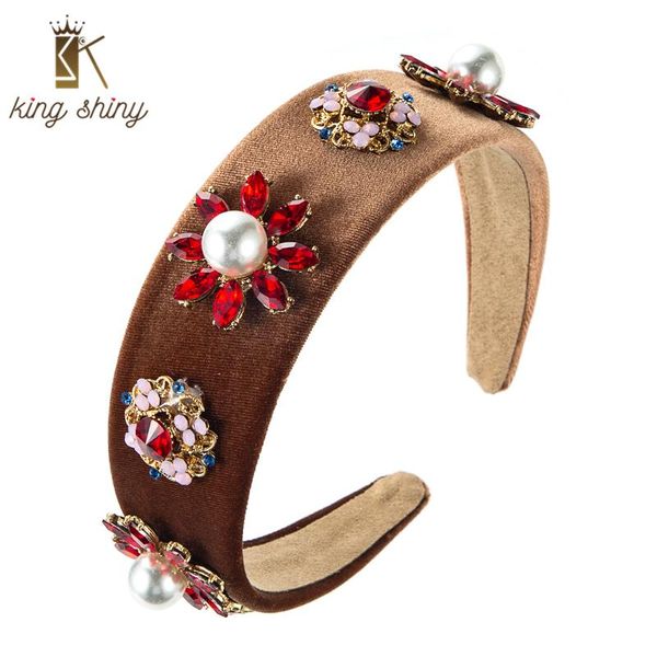 

hair clips & barrettes king shiny vintage baroque crystal flower headband luxury big imitation pearl beaded velvet hairband girls party head, Golden;silver