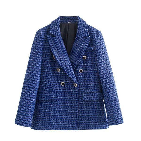 

women's suits & blazers woman elegant navy blue double breasted plaid blazer 2021 autumn female long sleeve v neck ladies casual tweed, White;black