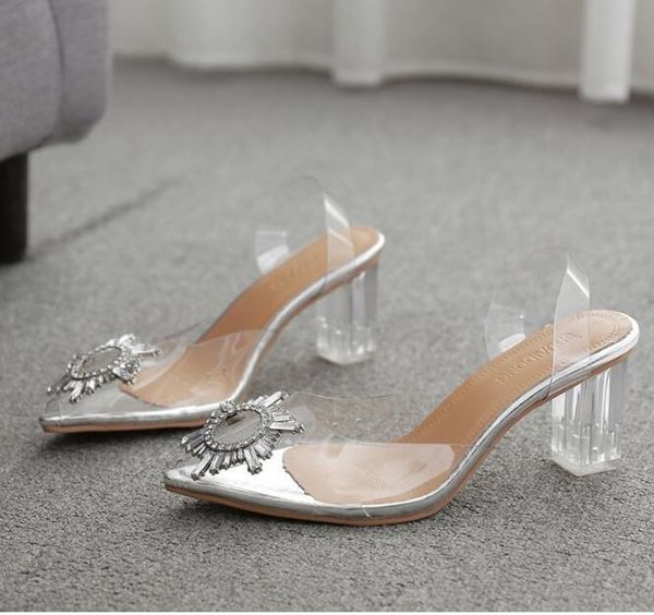 

sandals women 2021 summer style european and american rhinestone transparent thick heel fashion pointed high heels, Black