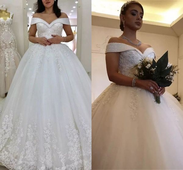 

2022 gorgeous beaded off shoulder wedding dresses bridal gowns floal lace empire waist ball gown formal party dress tulle, White