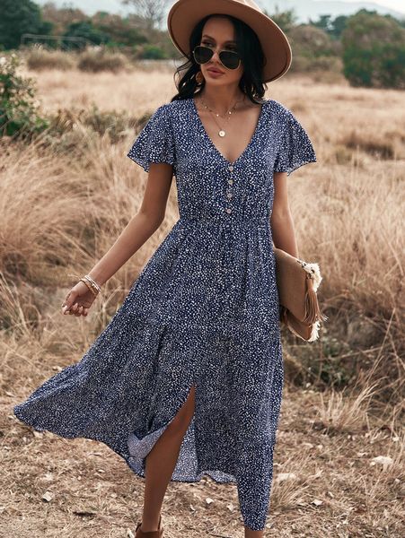 

all over print split hem a-line dress she, Black;gray