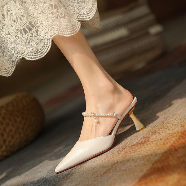 

luxury dress shoes fairy style pearl baotou half slipper wear french thin heel pointed high heels, 2021 summer lazy sho, Black