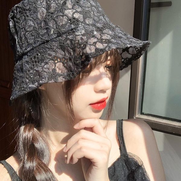

harajuku ghost horse girl lace flower fisherman hat hollow out breathable sun hatsoft cute fashion senior lady summer sl-07 wide brim h, Blue;gray