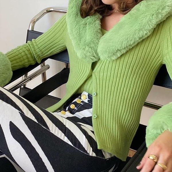 

sweet faux fur patchwork womens sweater knitted ribbed cardigans long sleeve y2k slim autumn winter jumpers women knitwear female, White;black