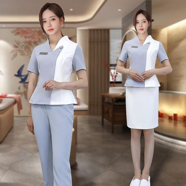 

women's two piece pants beauty salon receptionist working uniforms suits sauna foot bath women short sleeve workwear spa massage work c, White