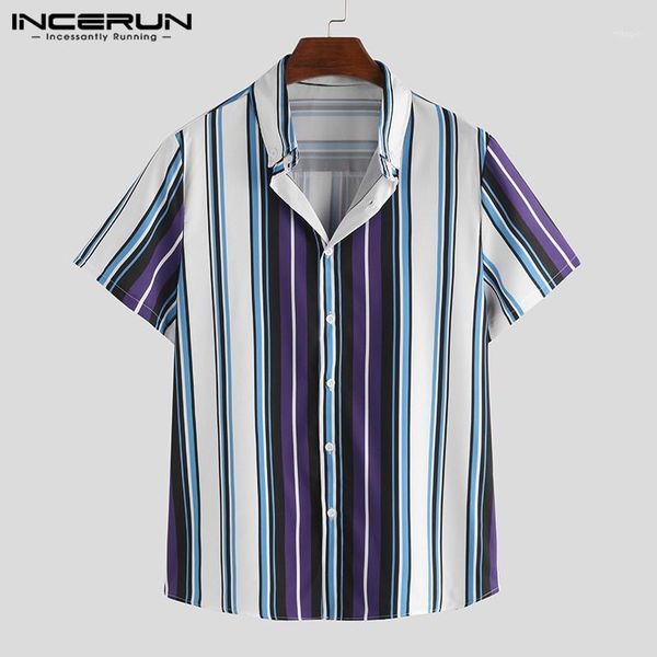 

men's casual shirts incerun stylish men striped shirt brand lapel breathable 2021 camisa streetwear summer short sleeve leisure hawaiia, White;black