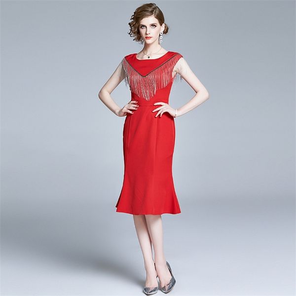 

fashion summer luxury runway dress for women sleeveless high waist tassel beaded mermaid dresses women's clothing 210520, Black;gray