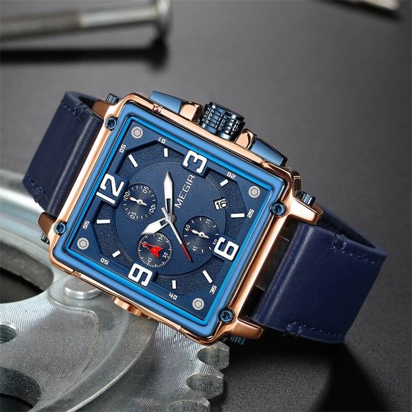 

wristwatches megir square big quartz watch man luminous chronograph wristwatch fashion casual style luxury relogio masculino, Slivery;brown