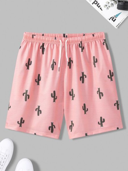 

men random cactus print drawstring waist shorts r3yc#, Black