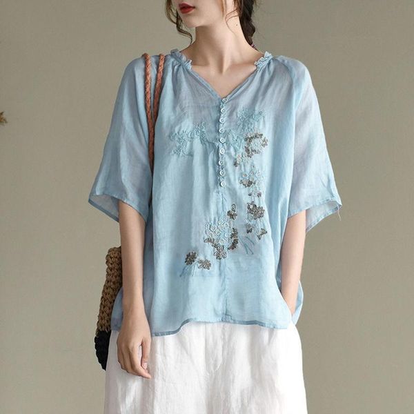 

women's blouses & shirts plus size women casual 2021 summer vintage floral embroidery woman comfortable cotton linen shirt p1321, White