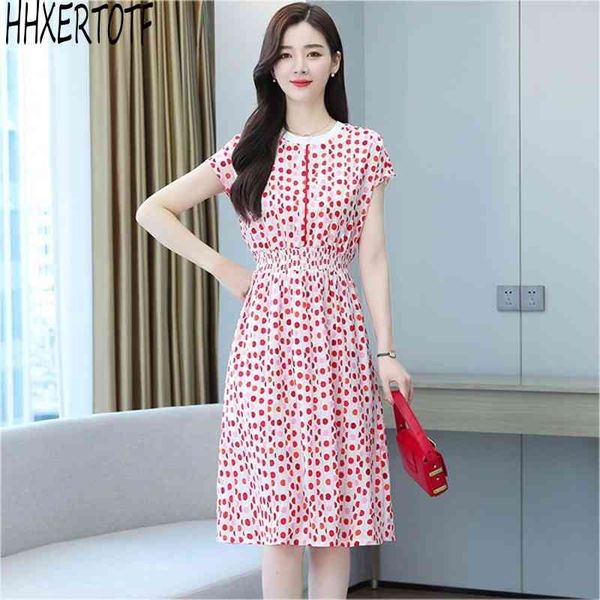 

summer vintage polka dot print chiffon dress o neck slim short sleeve women elegant casual 210531, Black;gray