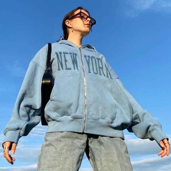 

women's hoodies & sweatshirts letter women clothes york embroidery fashion vintage long sleeve for teens oversized zip up sweatshirt, Black