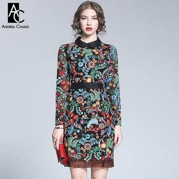 

casual dresses s-xxl autumn winter woman dress green leaf blue yellow red floral pattern embroidery black background full sleeve above knee, Black;gray