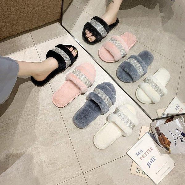 

slippers winter luxury rhinestone women warm fur cozy fluffy furry slides crystal flat indoor design home shoes ladies 43, Black
