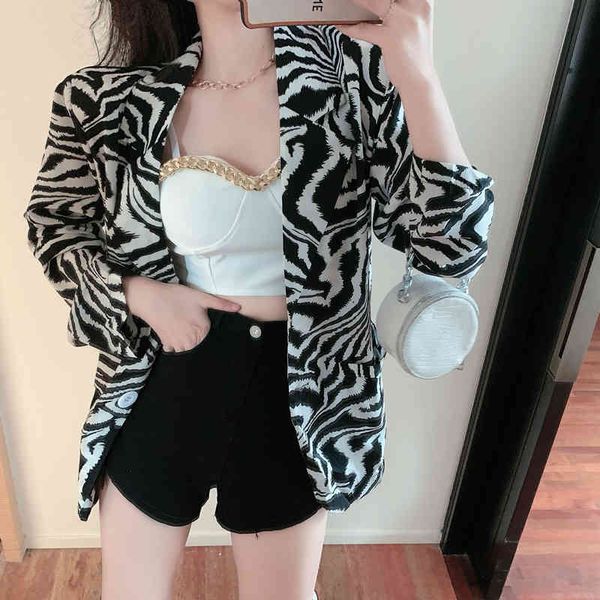 

streetwear women retro zebra printted blazer jackets two piece set long thin jacket + chain camisole suits 210525, White;black