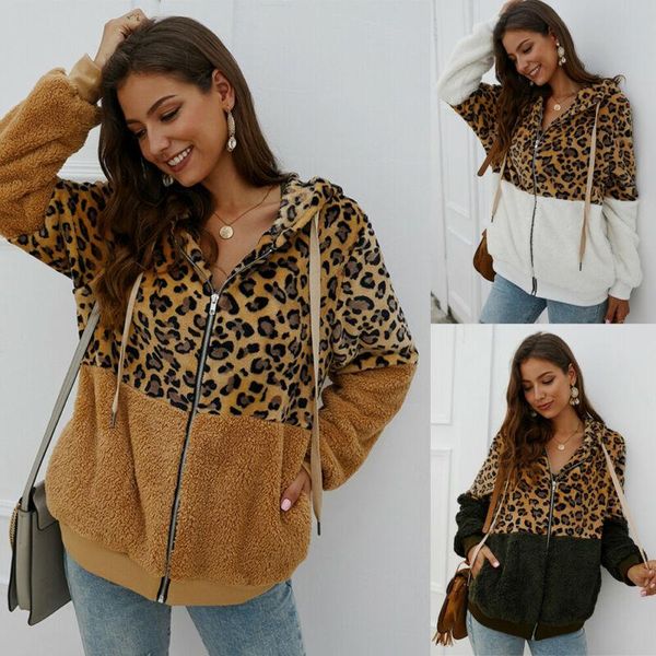 

women's jackets fashion leopard printed teddy bear fleece coat ladies jacket hooded overcoat outwear, Black;brown