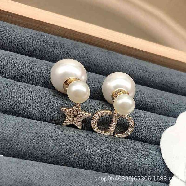 

75% off outlet online 2021 new asymmetric letter front and back size pearl five pointed star earrings women's full, Golden