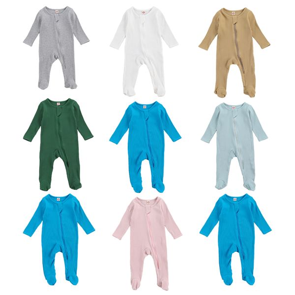 

7 colors newborn baby girls boys footie rompers solid long sleeve ruffles zipper jumpsuits 0-6m, White