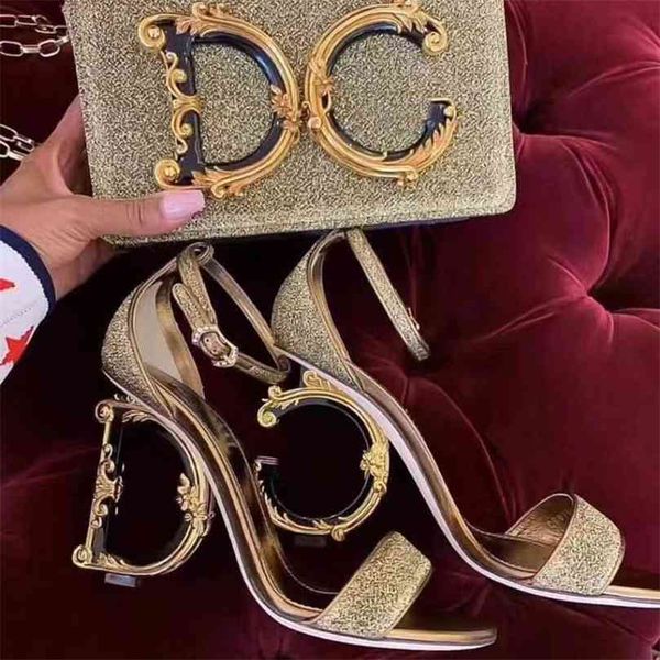 

2021 heel d11g carving new lettered buckle high heeled shoes gold one line ultra high heeled women's sandals large size yw rogi, Black
