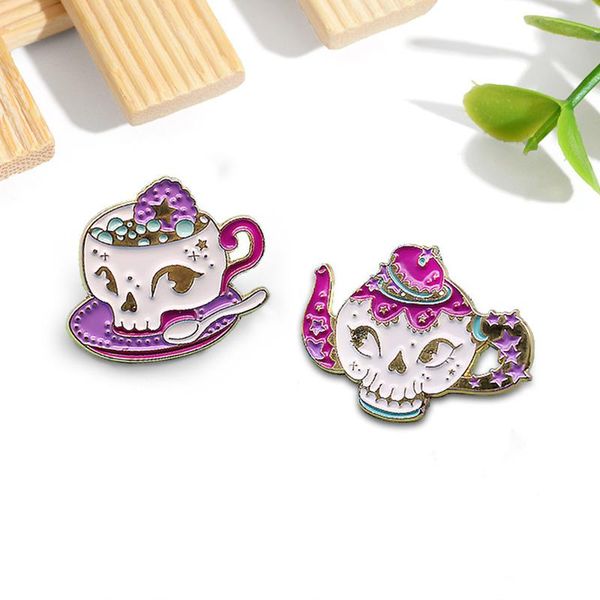 

pins, brooches purple skull cup teapot enamel pin coffee pot afternoon tea time lapel pins clothes badge jewelry gift for friends, Gray