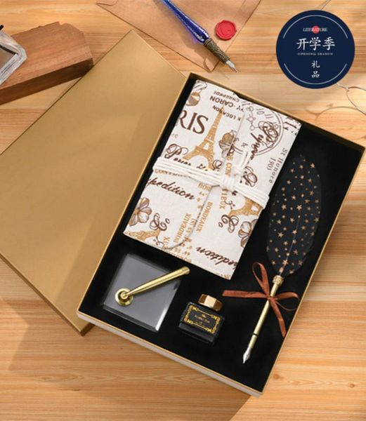 

fountain pens vintage feather pen gift box set,retro notebook,dip pen,1 ink,1 transparent acrylic nib base, stationery supplies