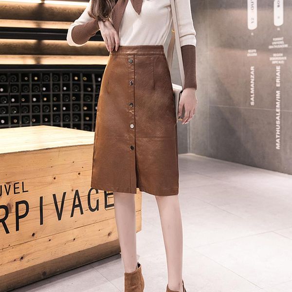 

skirts autumn women high waist pu leather skirt 2021 winter solid button a-line midi front split womens casual clothes, Black