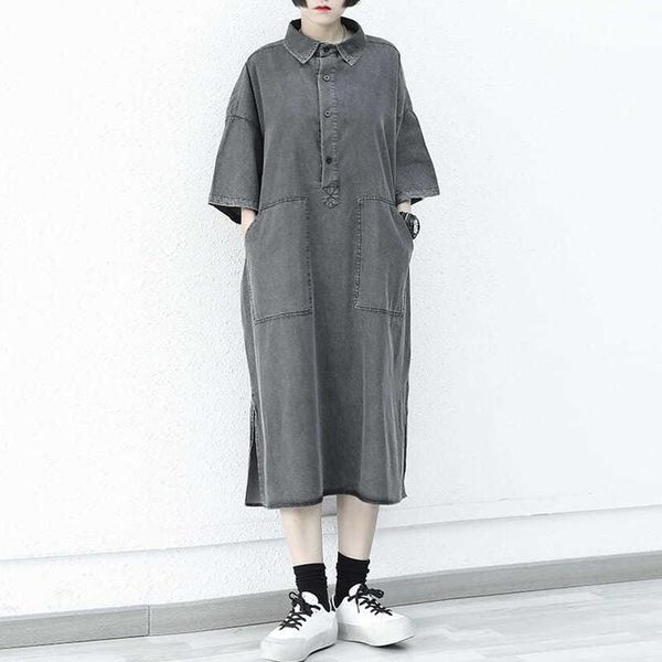 

casual dresses johnature women denim shirt turn-down collar gray loose pockets robes 2021 summer button female clothes original dress, Black;gray