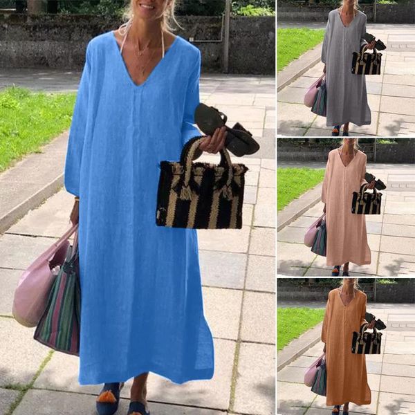 

dresses plus size vintage solid maxi dress women's spring sundress 2021 casual long sleeve vestidos female v neck baggy robe 5xl, Black;gray