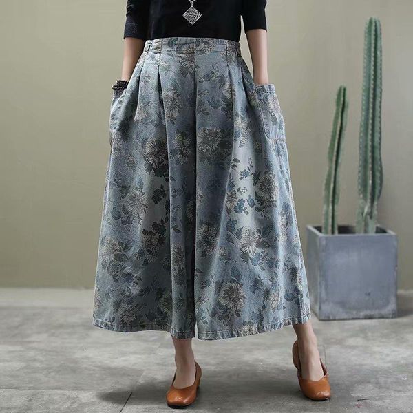 

women's jeans original spring retro print ji strap denim wide leg pants loose large size nine points skirt wild tide, Blue