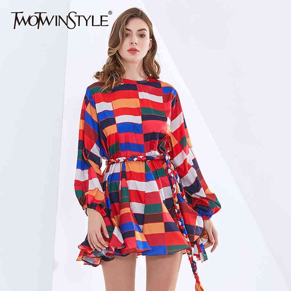 

twotwinstyle print bohemian dress for female o neck lantern sleeve high waist lace up mini hit color dresses female fashion 210517, Black;gray