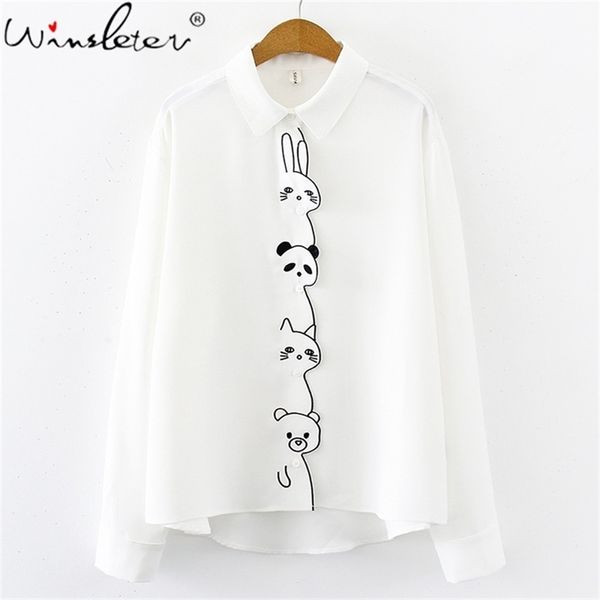 

cute shirt women cartoon embriodery blouses cotton long sleeve turn down-collar for lady girl t03505b 210421, White