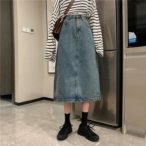 

denim a-line skirts spring and summer high waist back-slit button-adjustment mid-length smoky gray skirt, Black