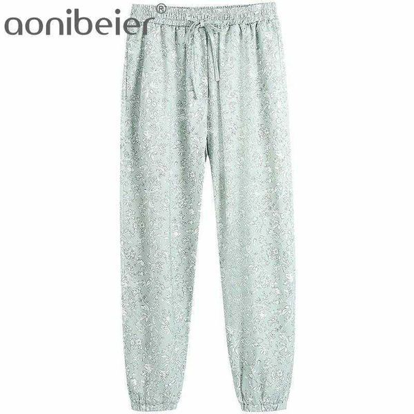 Planta Impressão Verão Fino Calças Casuais Elástico Cintura Alta Cintura Ankle Mulheres Harem Pants Feminino Solto Satin 210604