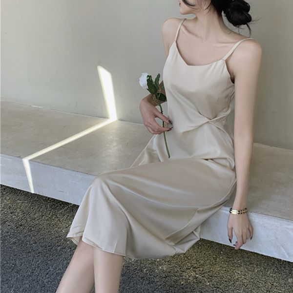 

woman dress champagne spaghetti strap dresses summer sleeveless clothing solid mid-calf korean fashion new sundress, Black;gray