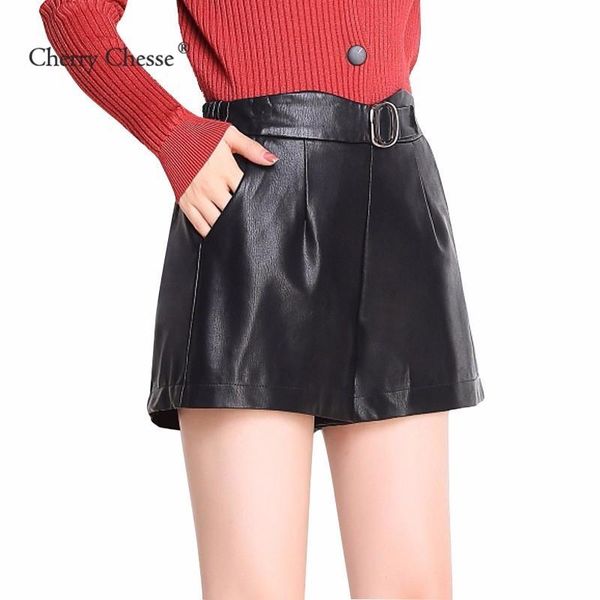 

women's shorts cherry chesse vintage women pu straight elastic waist pocket trousers female autumn winter casual, White;black