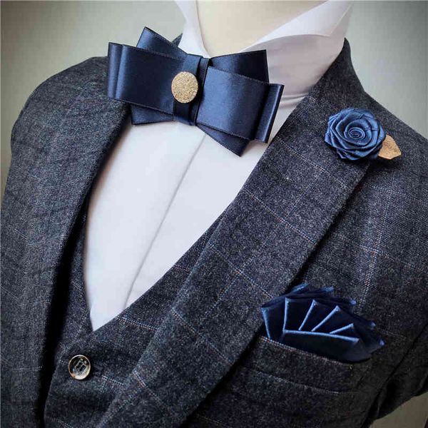 Homens Rhinestone Fita Arco Laço Broochs Handkerchiefs Set Mulheres Negócios Negócios Pin Natch Pin Gravata Bolso Quadrado Bowtie Cravat