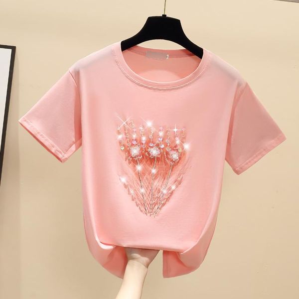 

gkfnmt summer short sleeve t shirt women beading t-shirt female korean cotton pink tshirt woman clothes tee femme women's, White