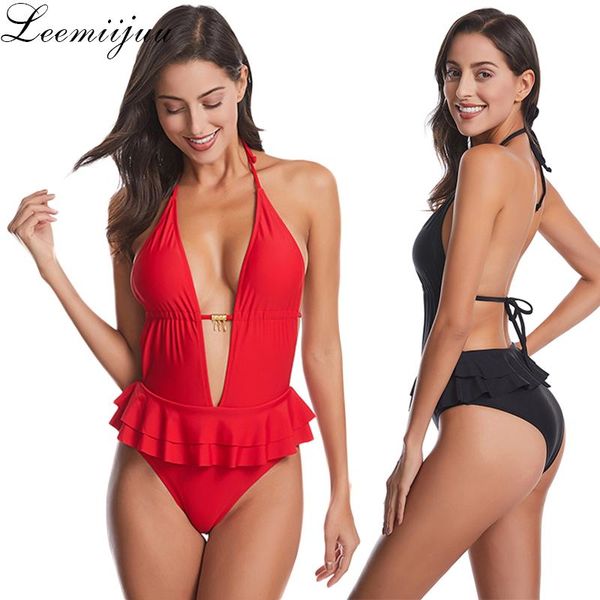 

one-piece suits leemiijuu deep v neck ruffle swimsuit lady halter backless monokini peplum one piece swimwear women swim bath suit trik