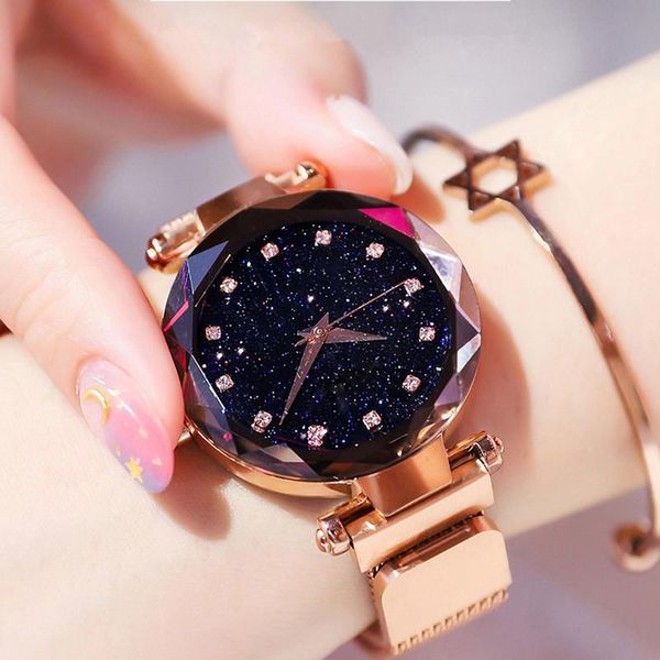 

wristwatches women watches laides diamond luxury rose gold mesh magnetic wrist watch girls starry sky crystal quartz montre femme, Slivery;brown