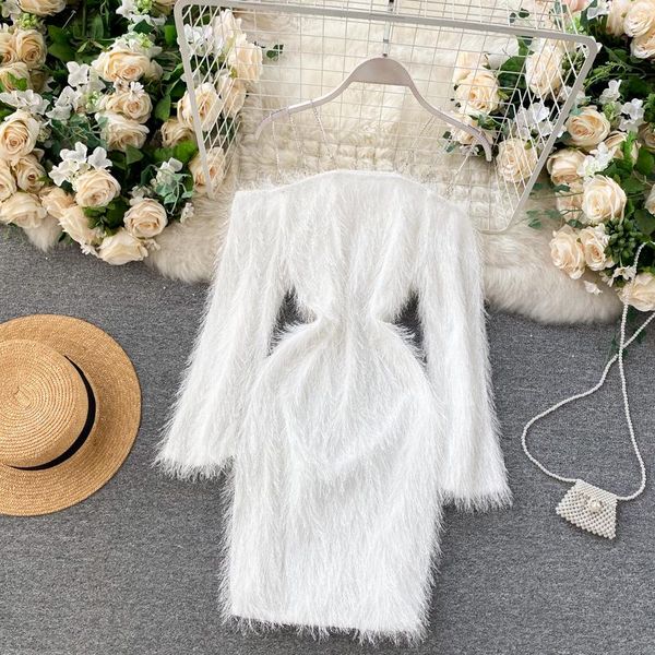 

casual dresses autumn winter women long sleever spaghetti strap party dress 2021 off shoulder plush celebrity white black elegant dza397, Black;gray