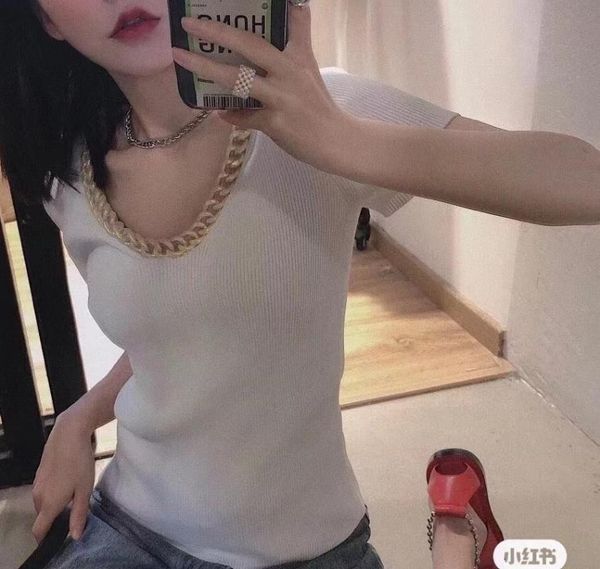 

women's t-shirt 2021 summer trendy slim elastic round neck women fashion short sleeve chain decoration design a2, White