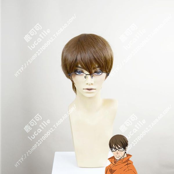 

party masks fire force takehisa hinawa brown short cosplay heat resistant synthetic hair halloween carnival + wig cap / glasses