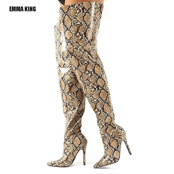 

boots women thigh high heel snakeskin lady winter pointed toe long gladiator pu over the knee 2021, Black