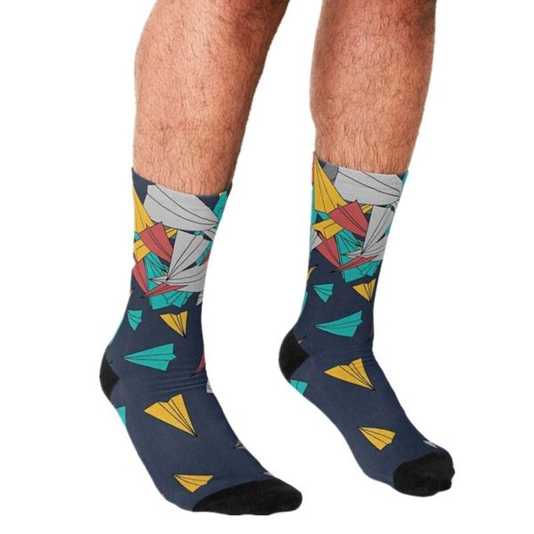 

men's socks 2021 funny flying paper planes pattern printed hip hop men happy cute boys street style crazy for, Black