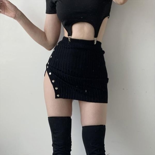 

korean slim high waist womens skirt single breasted knit gold button irregular split buttock knitted mini vy8, Black